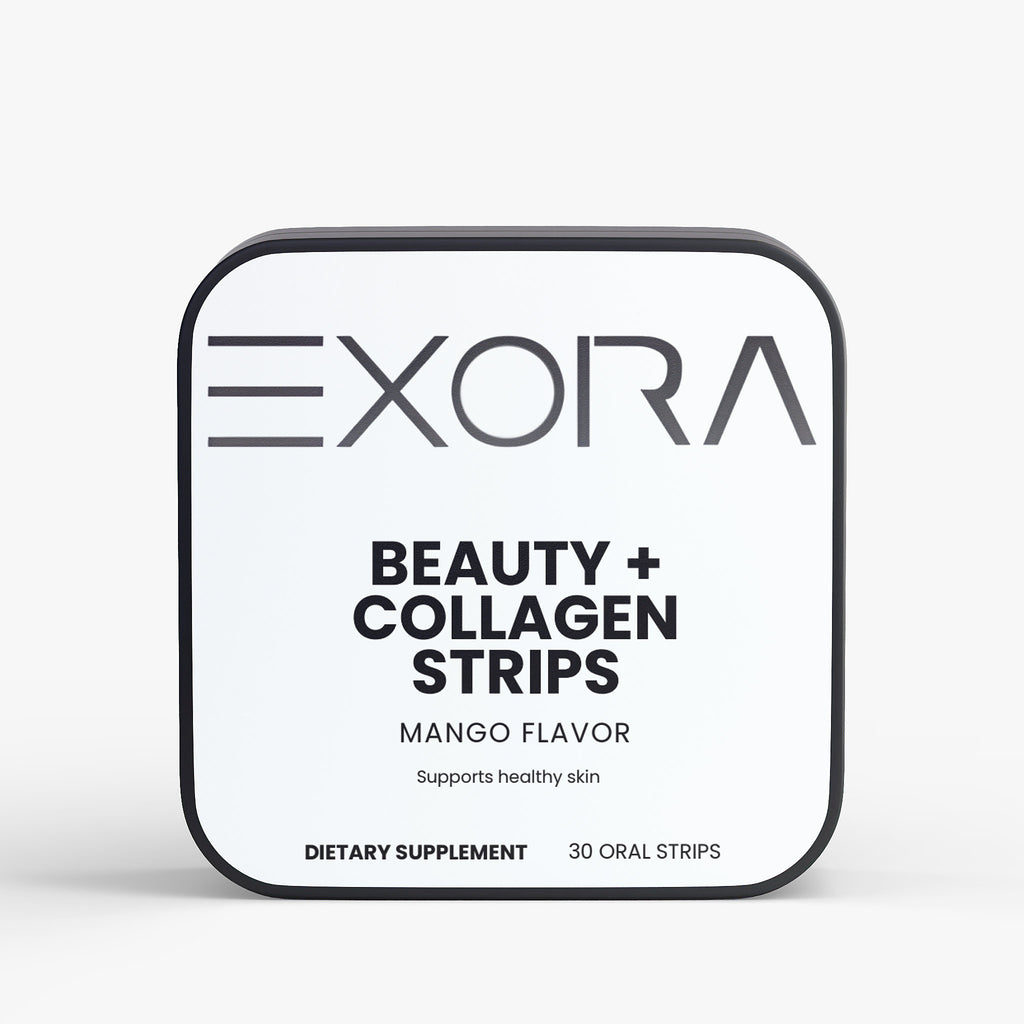 Exora Beauty + Collagen Strips packaging on a white background