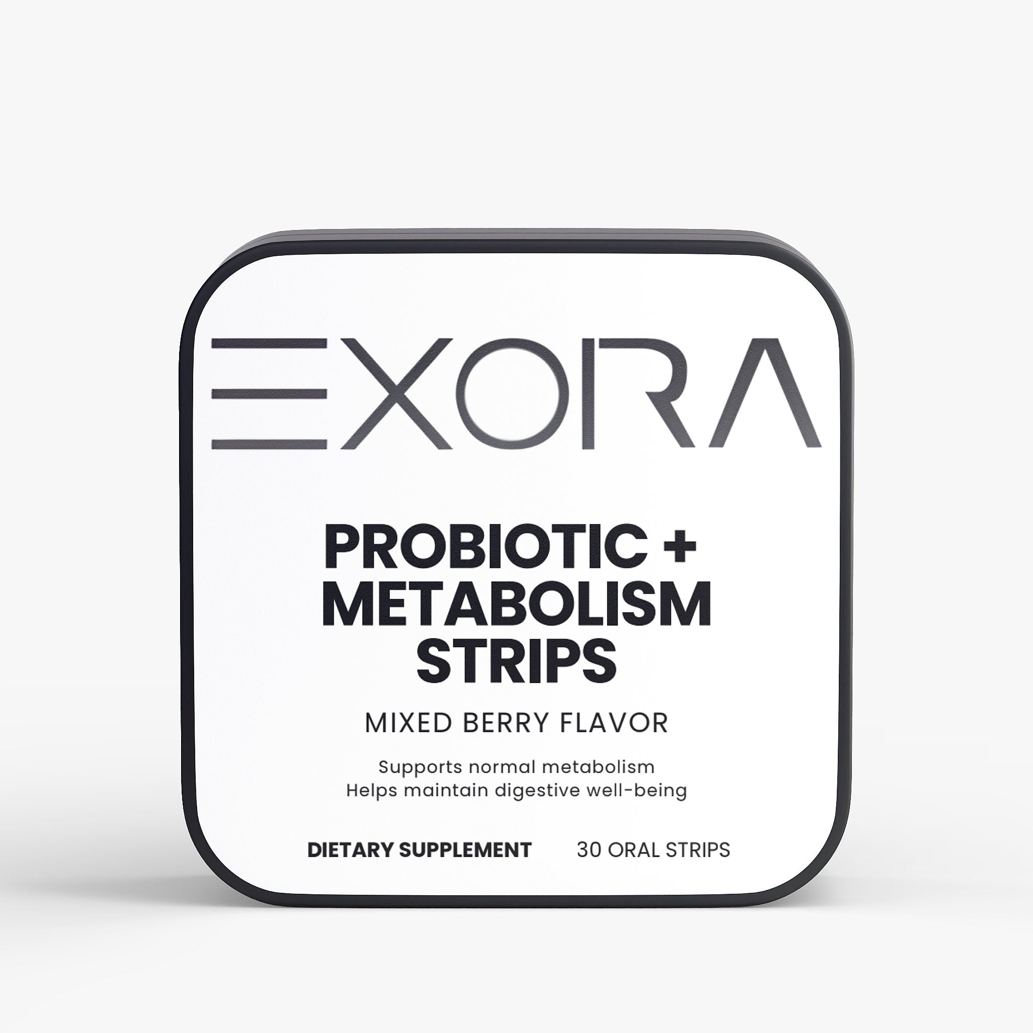 Exora Probiotic + Metabolism Strips packaging on a white background