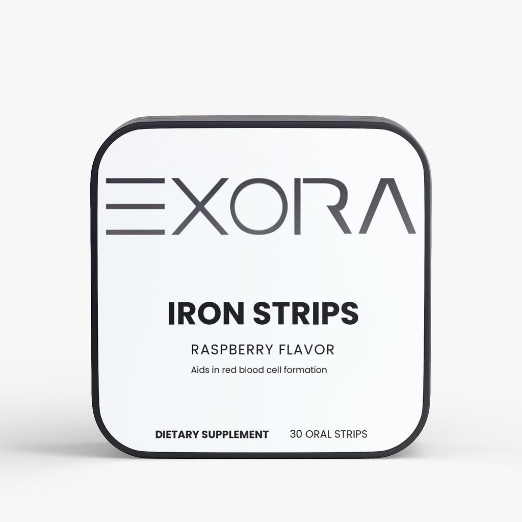 Exora Iron Strips packaging with raspberry flavor on a white background