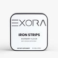 Exora Iron Strips packaging with raspberry flavor on a white background