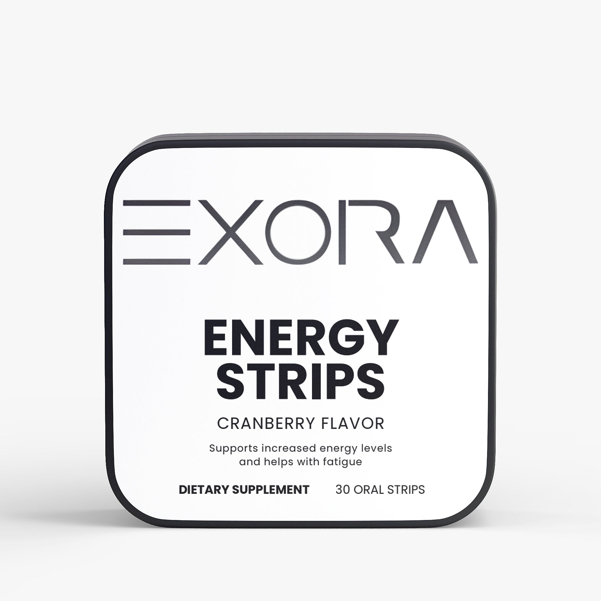 Exora Energy Strips packaging with cranberry flavor on a white background