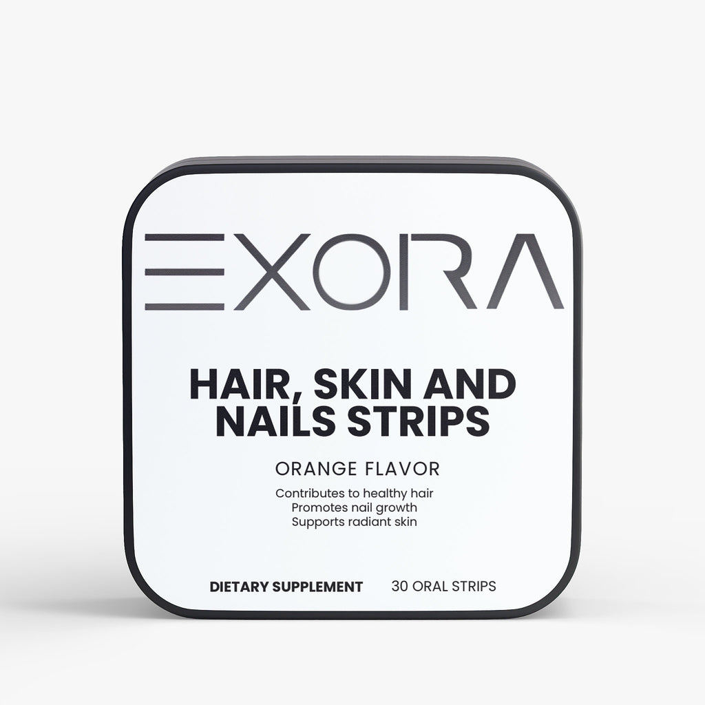 Exora dietary supplement packaging for hair, skin, and nails on a white background