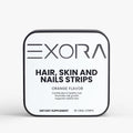 Exora dietary supplement packaging for hair, skin, and nails on a white background