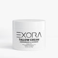 Exora Tallow Cream jar with lemongrass and lavender on a white background