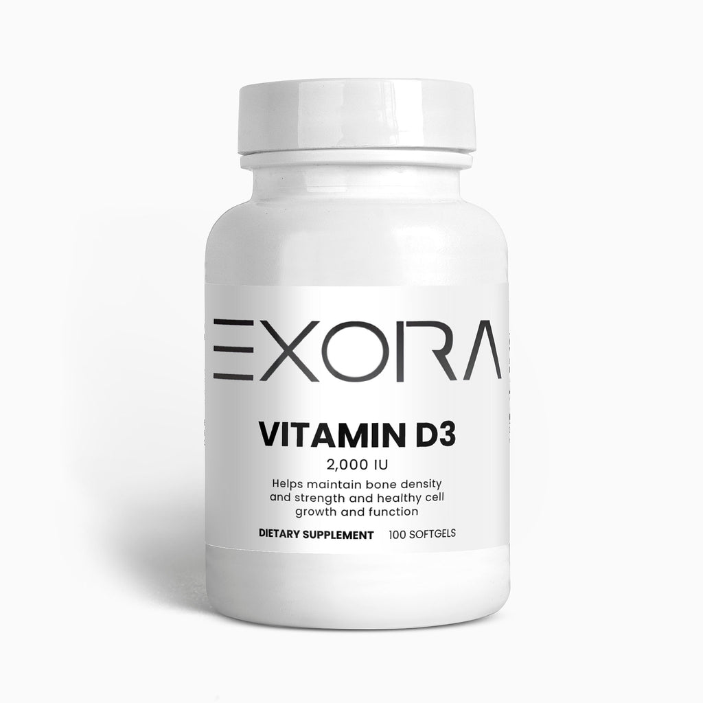 Exora Vitamin D3 supplement bottle on a white background