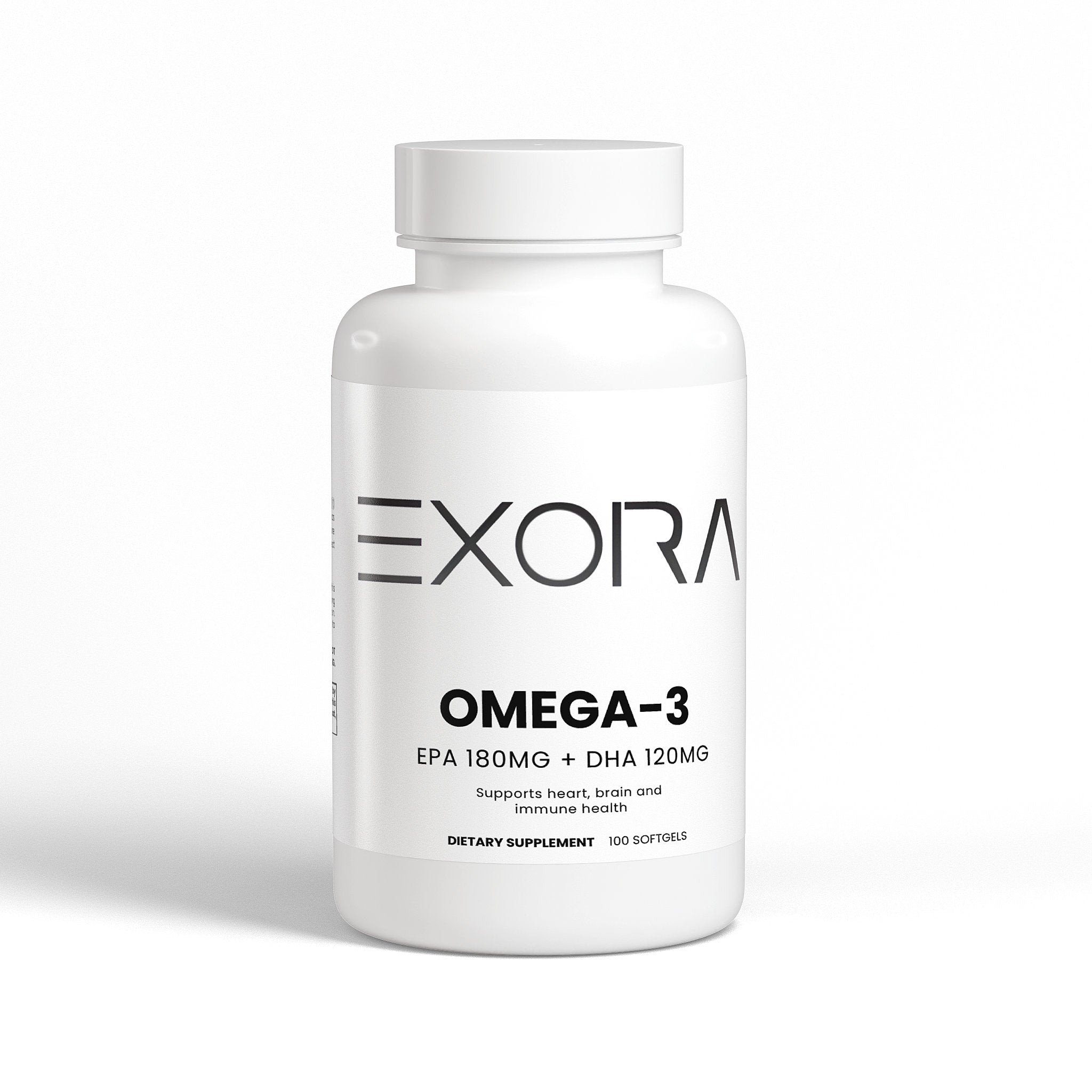 White supplement bottle labeled 'Exora Omega-3' on a white background