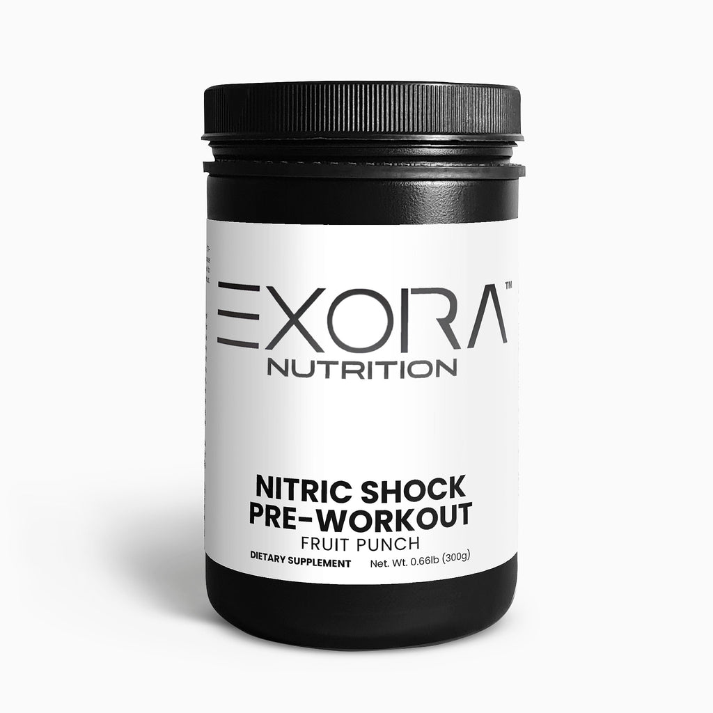 Exora Nutrition Nitric Shock pre-workout supplement container on a white background