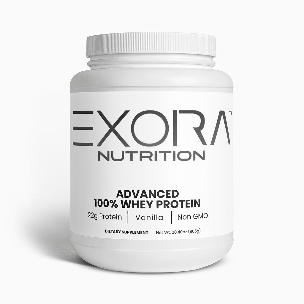 White container of Exora Nutrition Advanced 100% Whey Protein on a white background