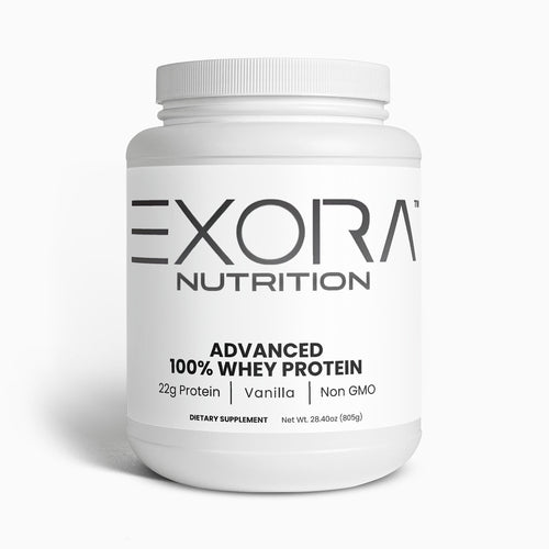 White container of Exora Nutrition Advanced 100% Whey Protein on a white background