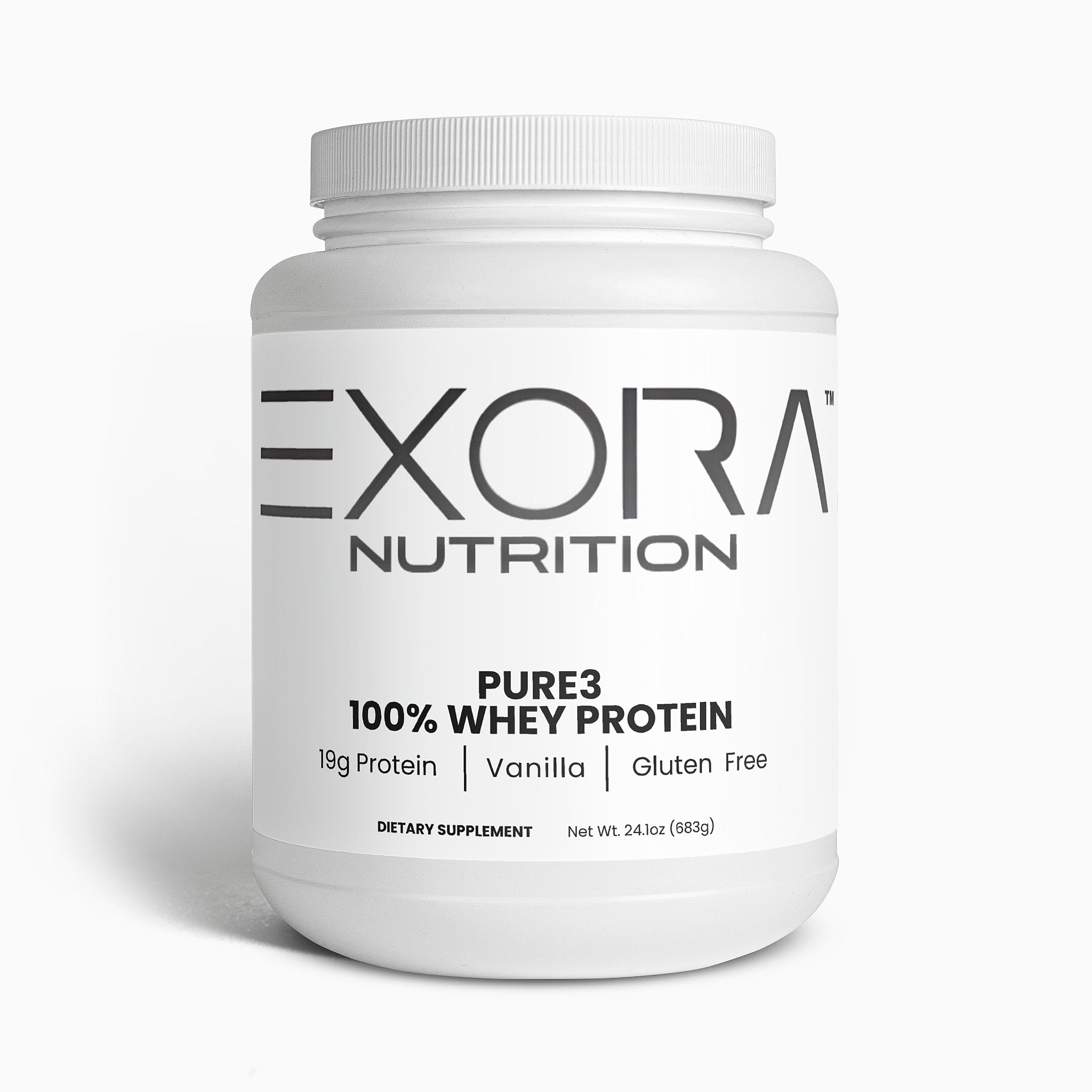 Exora Nutrition Pure3 100% Whey Protein container on a white background