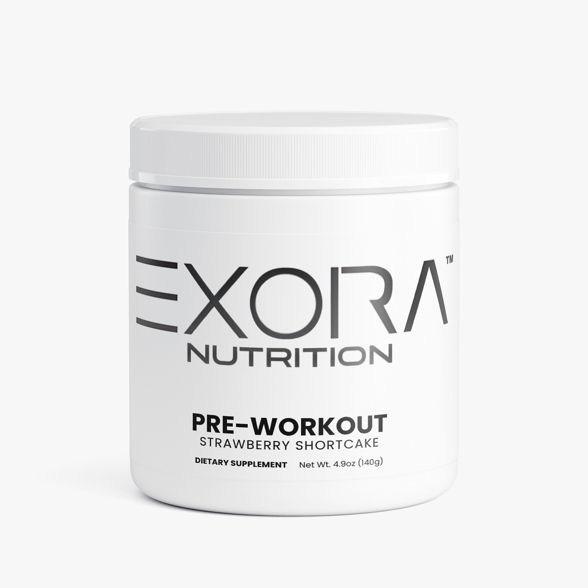 Pre-workout supplement container labeled 'Exora Nutrition' on a white background