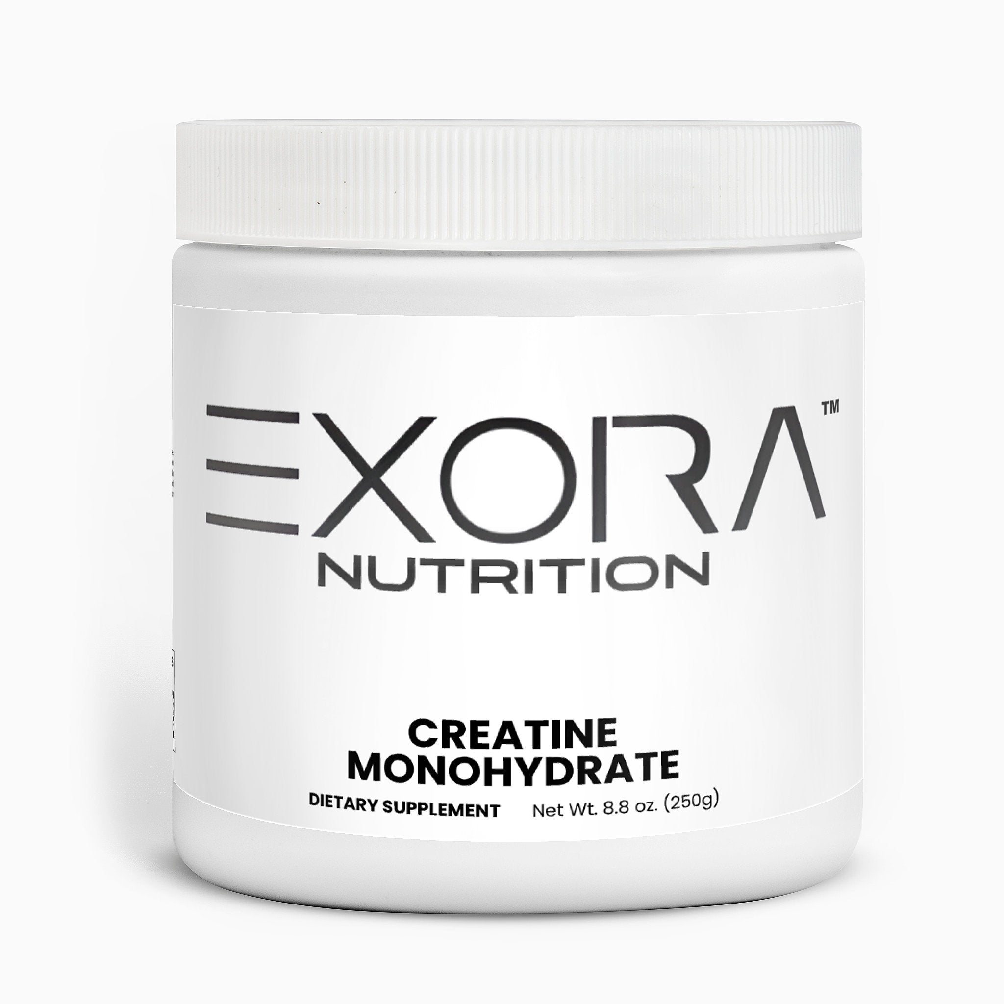 White container of Exora Nutrition Creatine Monohydrate supplement on a white background