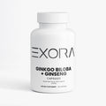 White supplement bottle labeled 'Exora Ginkgo Biloba + Ginseng' on a white background