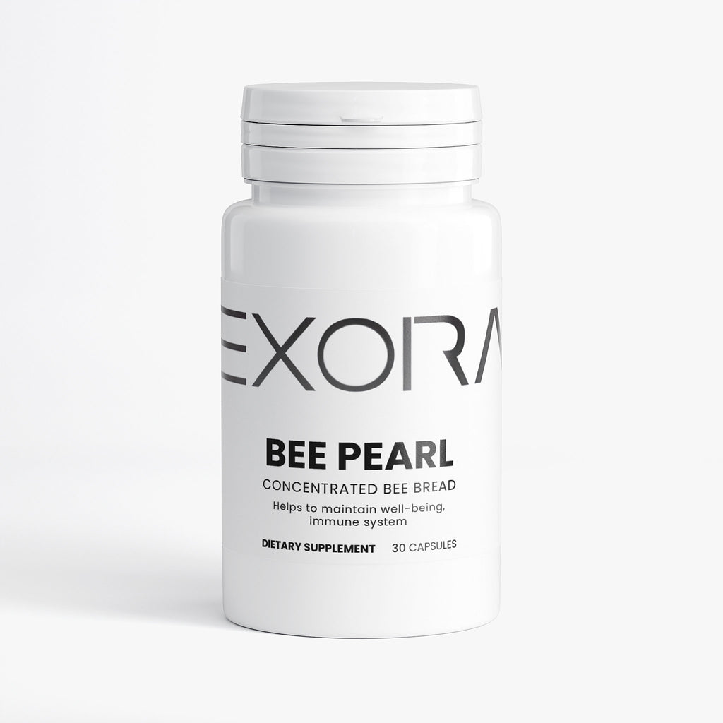 Supplement bottle labeled 'Exora Bee Pearl' on a white background