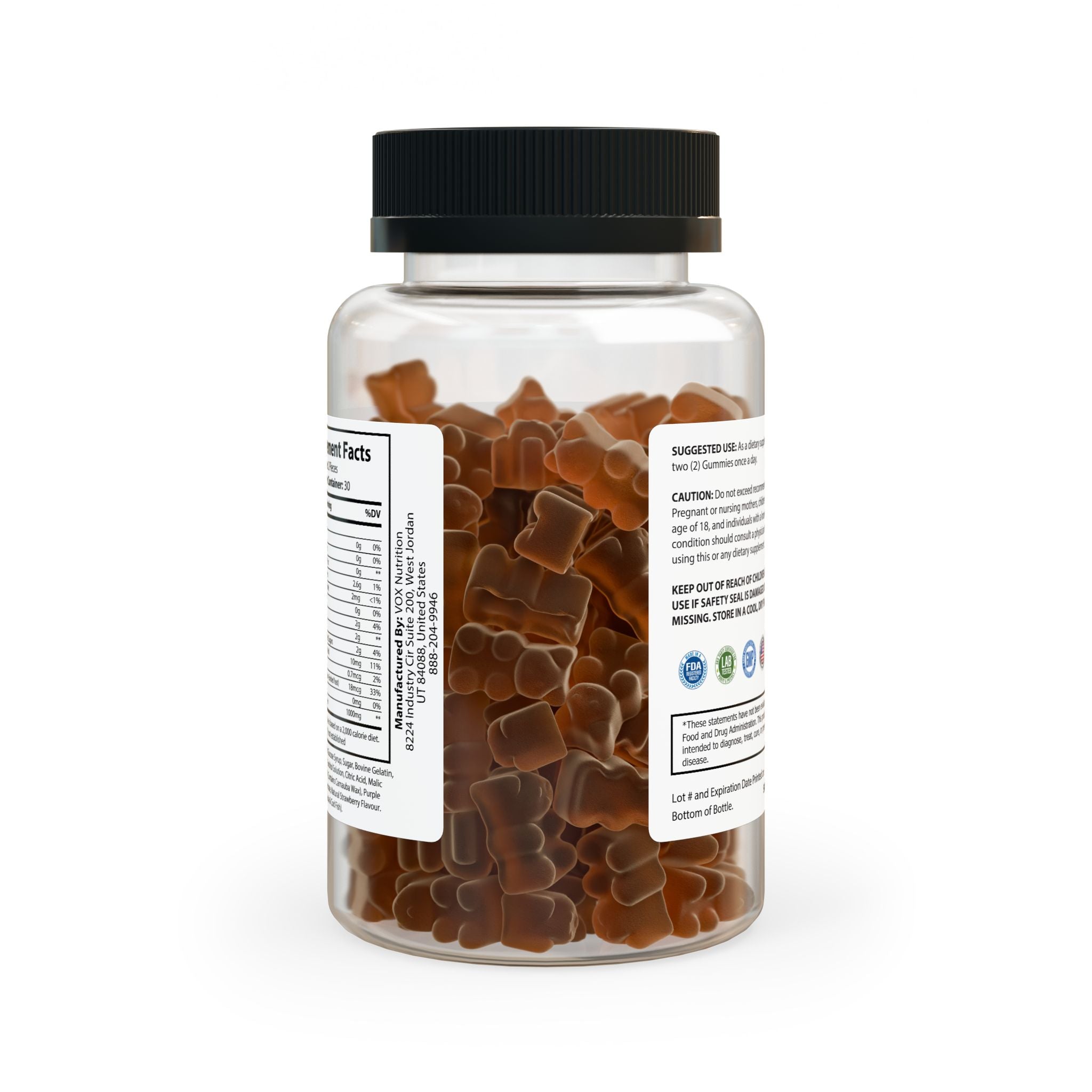 Jar of gummy bears with a black lid on a white background