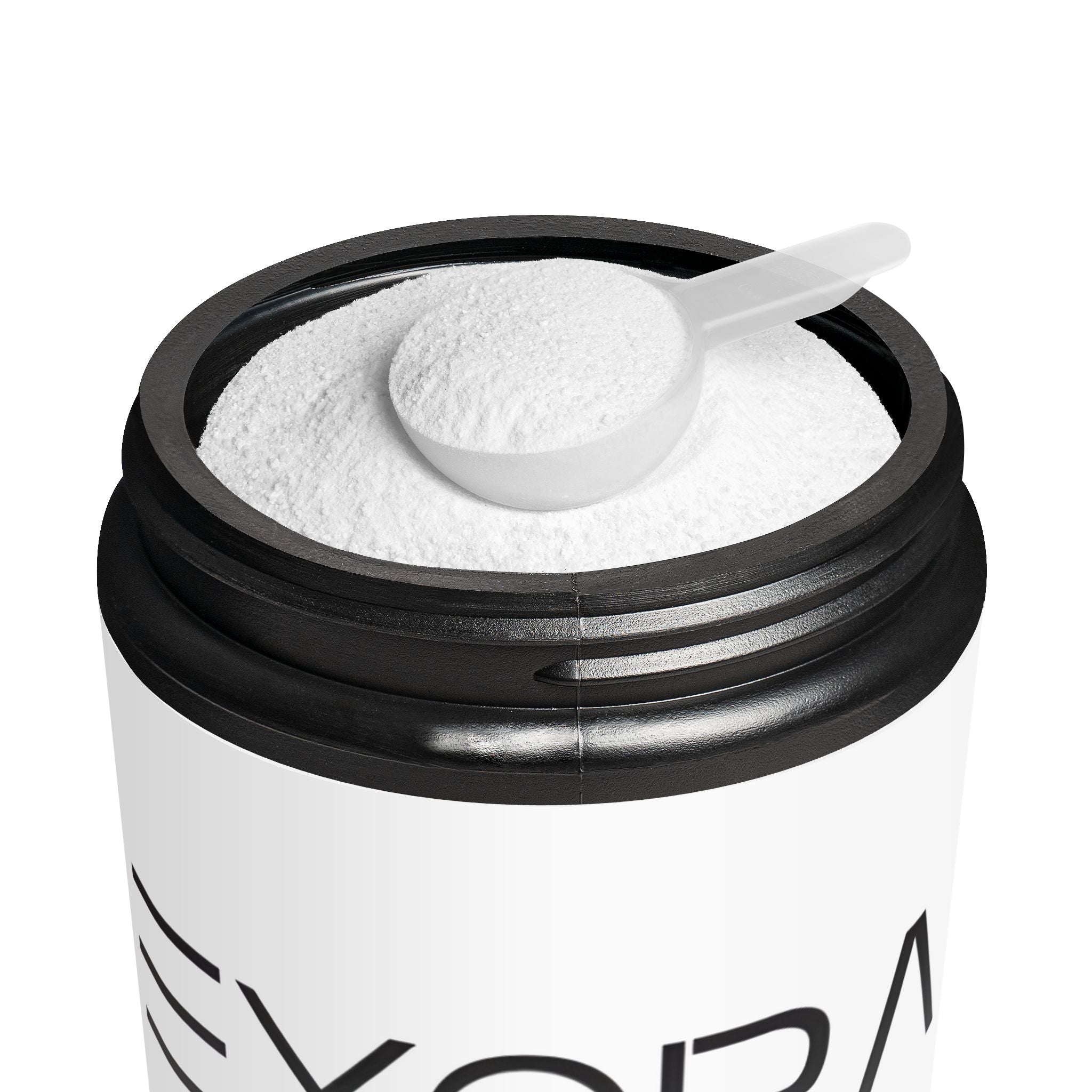 Container of white powder with a scoop on a white background