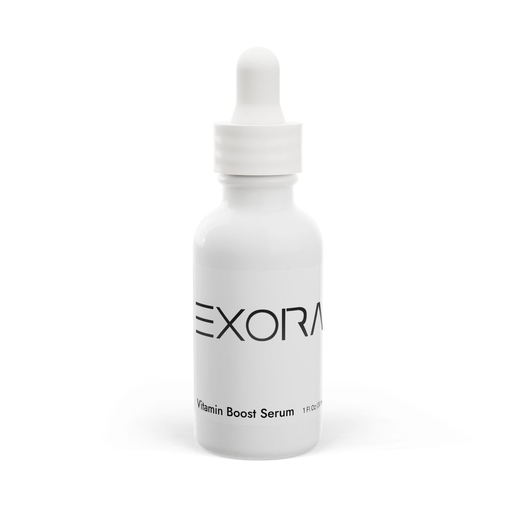 White vitamin boost serum bottle with dropper labeled 'EXORA' on a white background