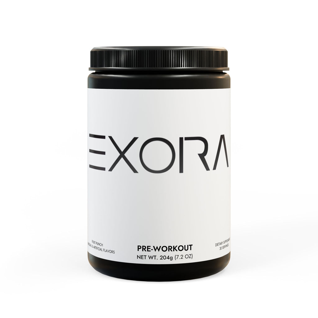 'EXORA' natural pre-workout supplement container on a white background