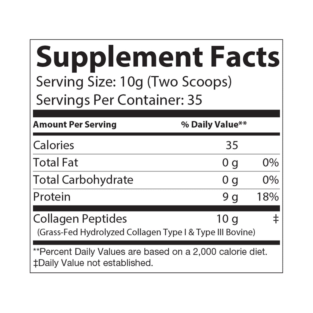 Supplement facts label for a product with collagen peptides on a white background