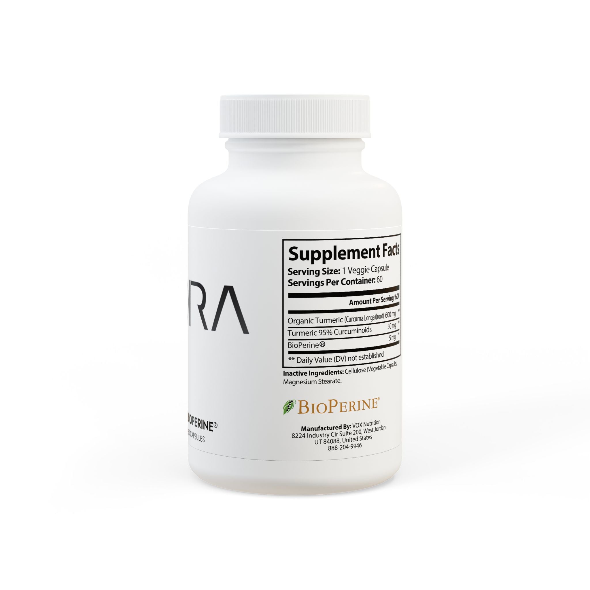 White supplement bottle with black text on a white background