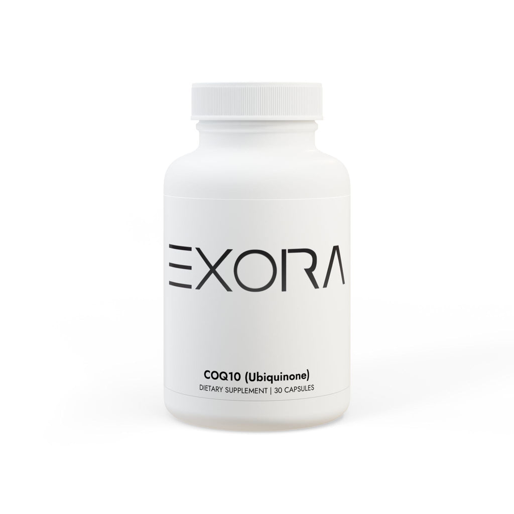 White COQ10 Ubiquinone supplement bottle labeled 'EXORA' on a white background