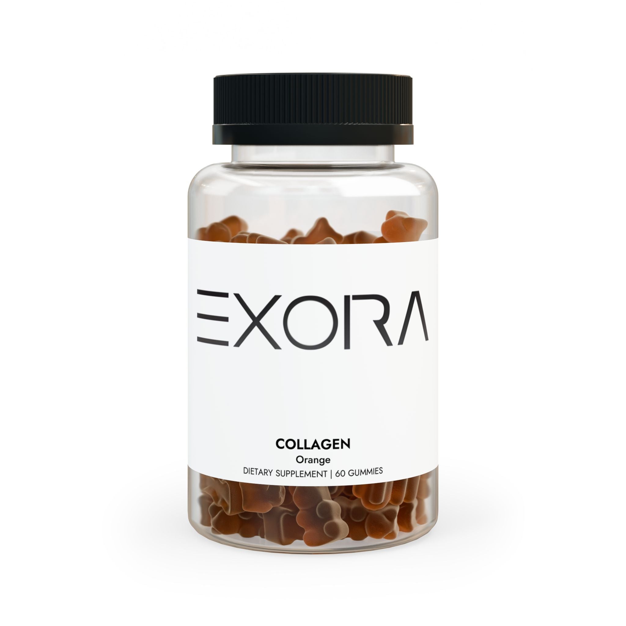 Bottle of 'EXORA' collagen gummies on a white background