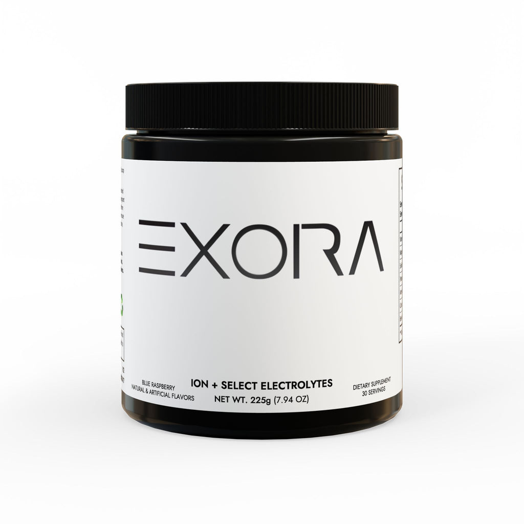 'EXORA' Ion electrolyte hydration supplement container with black lid on a white background