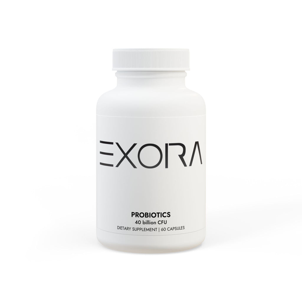 Probiotics white supplement bottle labeled 'EXORA' on a white background