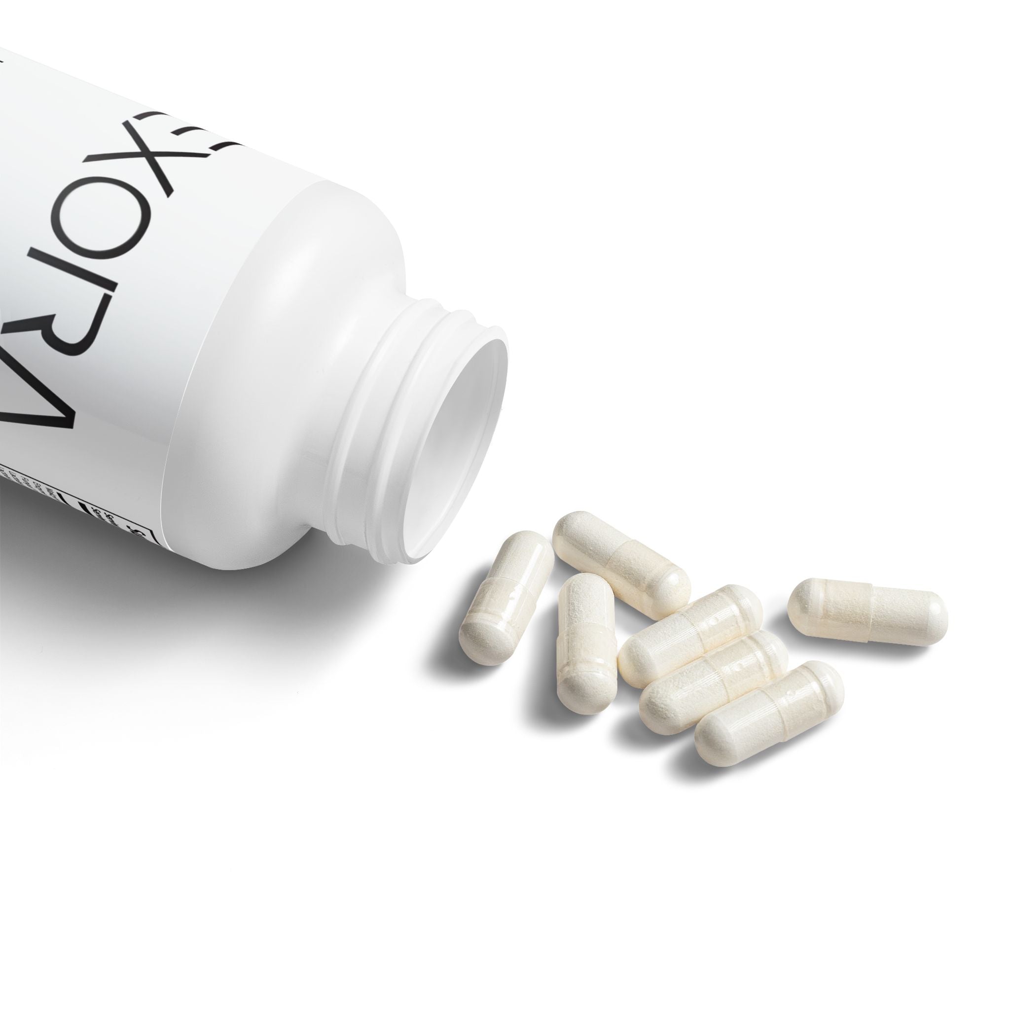 White bottle of 'EXORA' supplements with scattered capsules on a white background