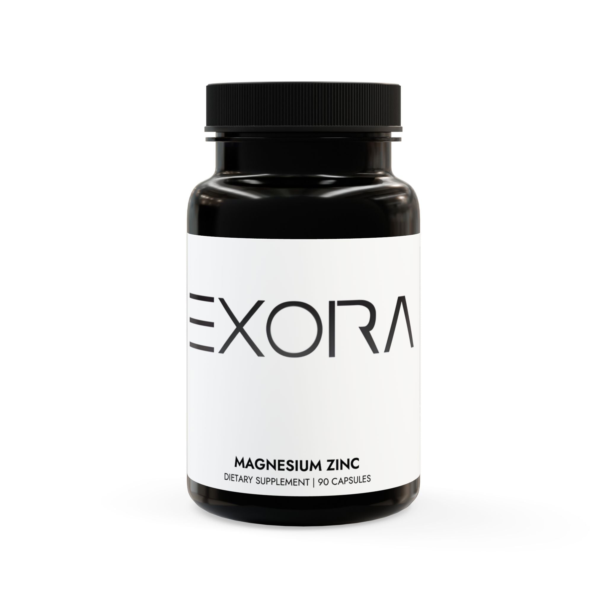 Magnesium Zinc supplement bottle labeled 'EXORA' on a white background
