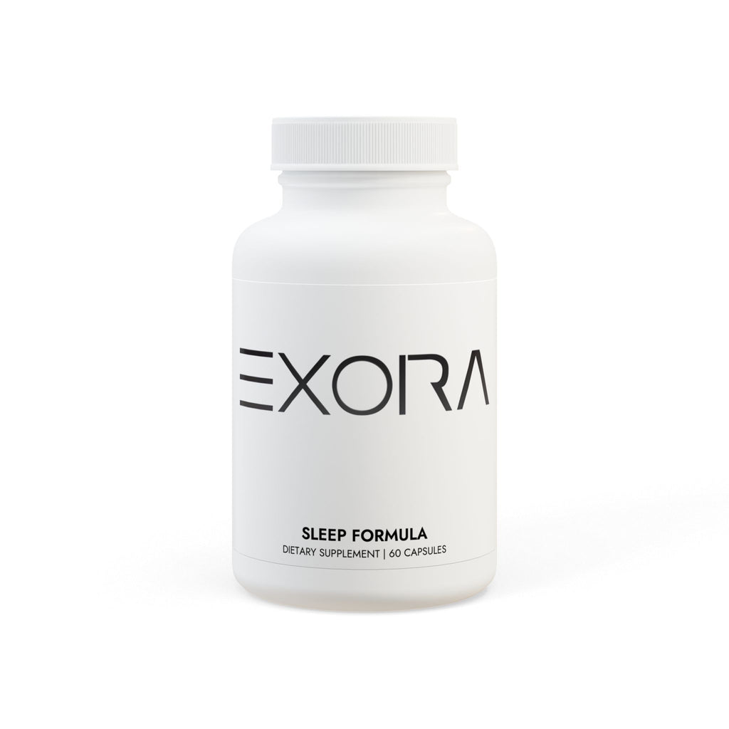 Sleep Formula white supplement bottle labeled 'EXORA' on a white background