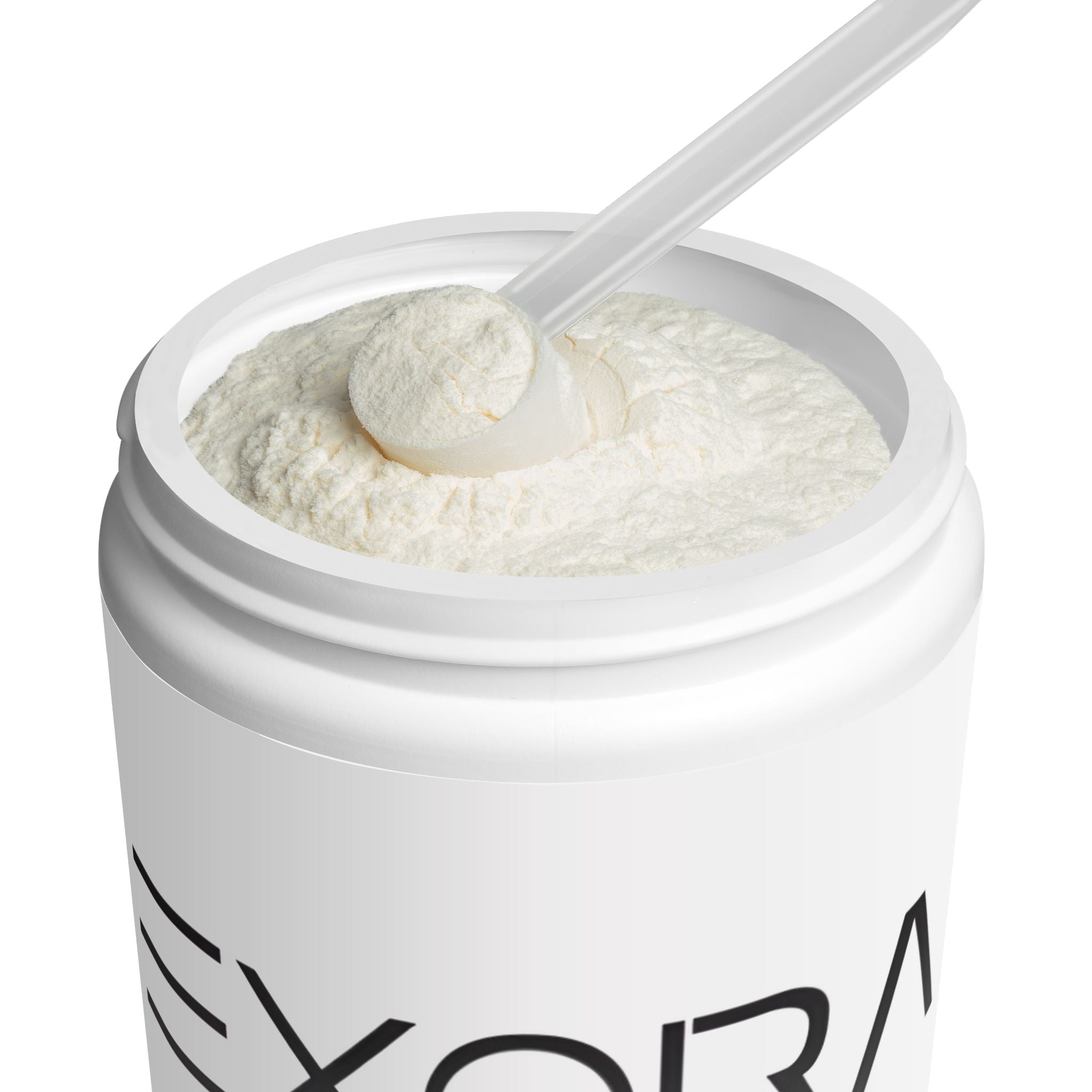 Container of white powder with a scoop, branded 'EXORA', on a white background