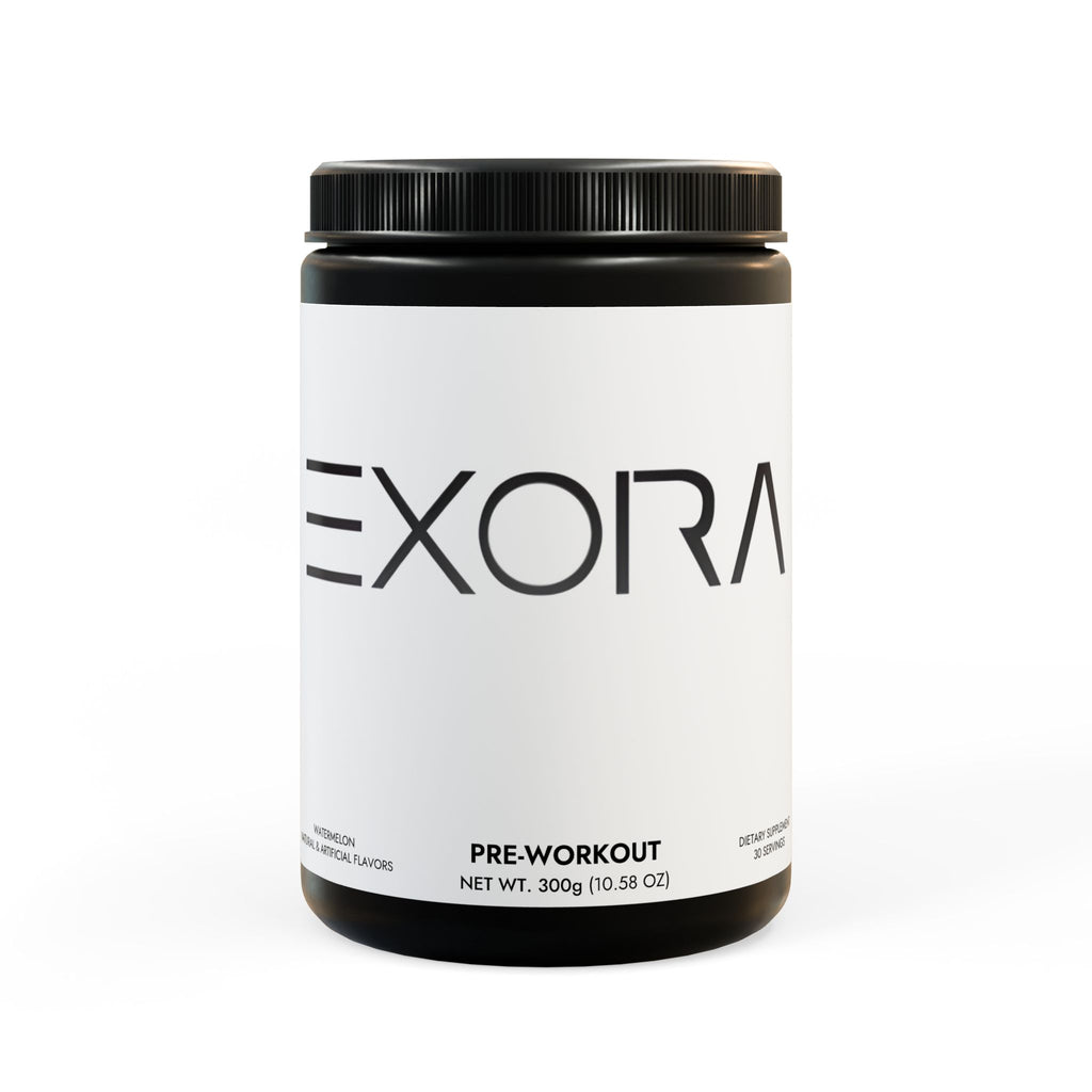 'EXORA' pre-workout supplement container on a white background