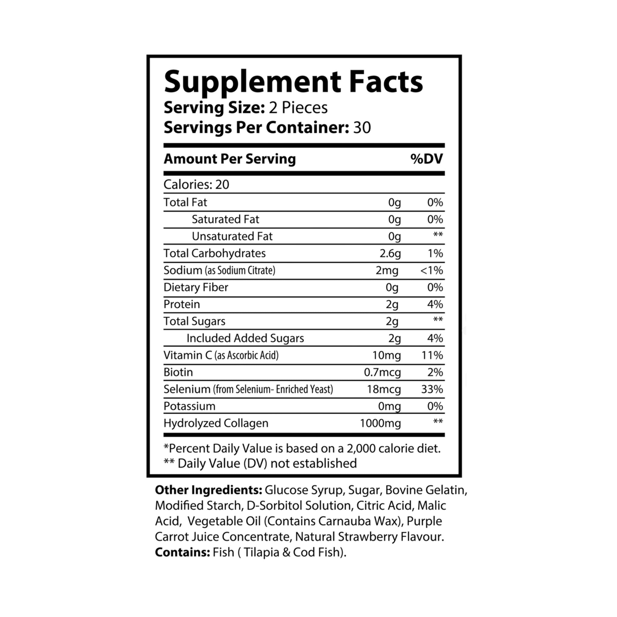 Supplement facts label with nutritional information on a white background