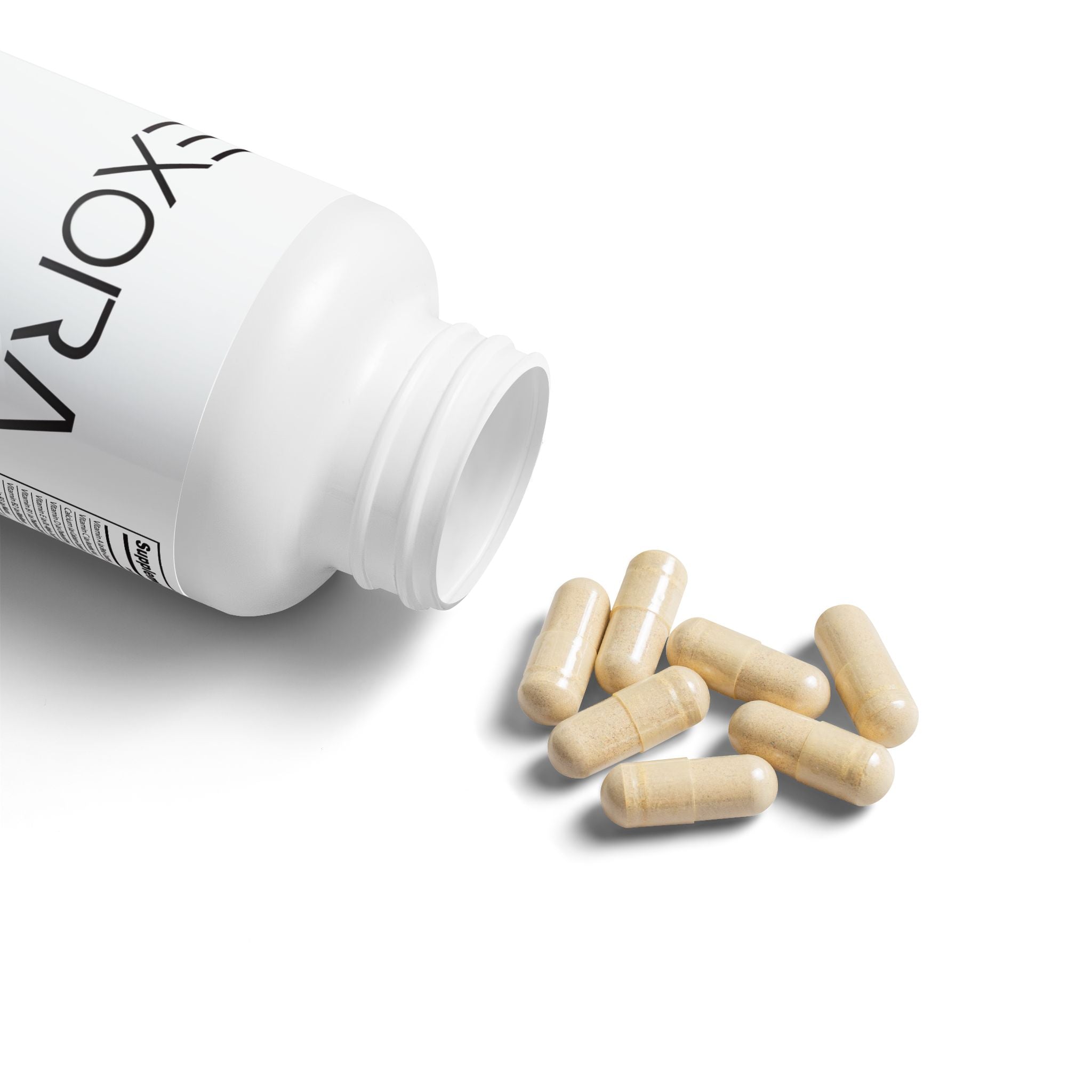 White bottle of 'EXORA' supplements with capsules on a white background