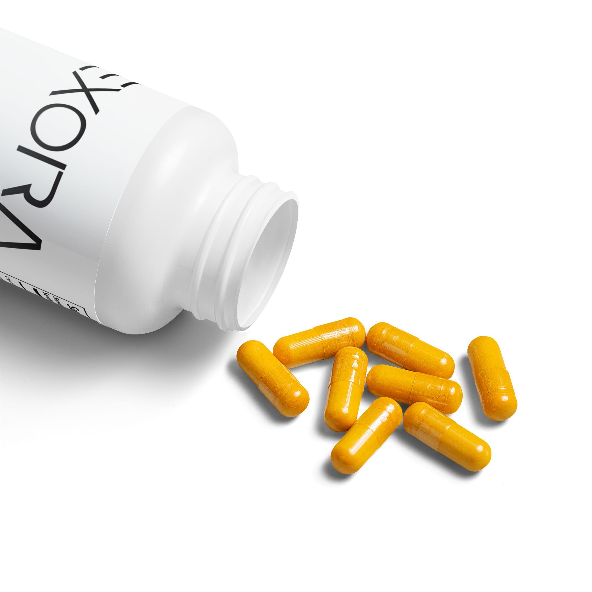 White bottle labeled 'EXORA' with yellow capsules on a white background