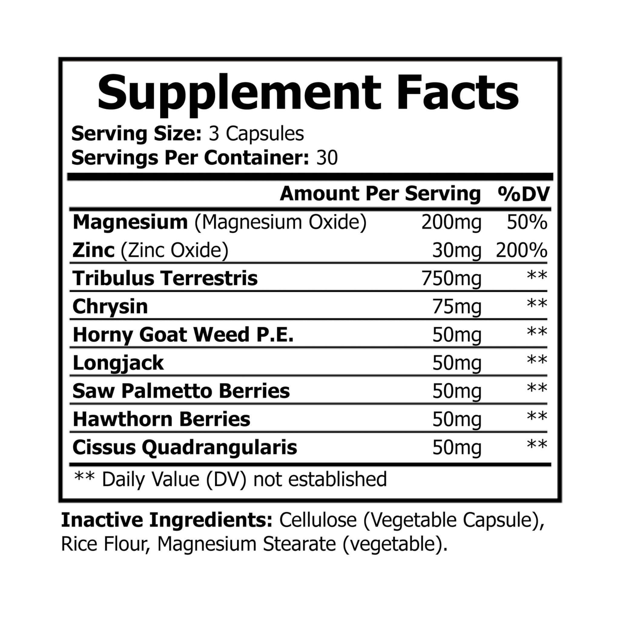 Supplement facts label with various ingredients and their amounts per serving.