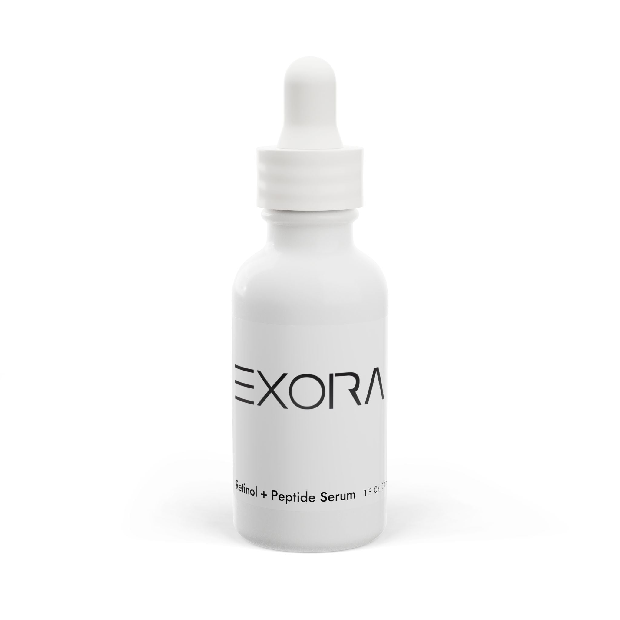 Retinol white serum bottle with dropper labeled 'EXORA' on a white background