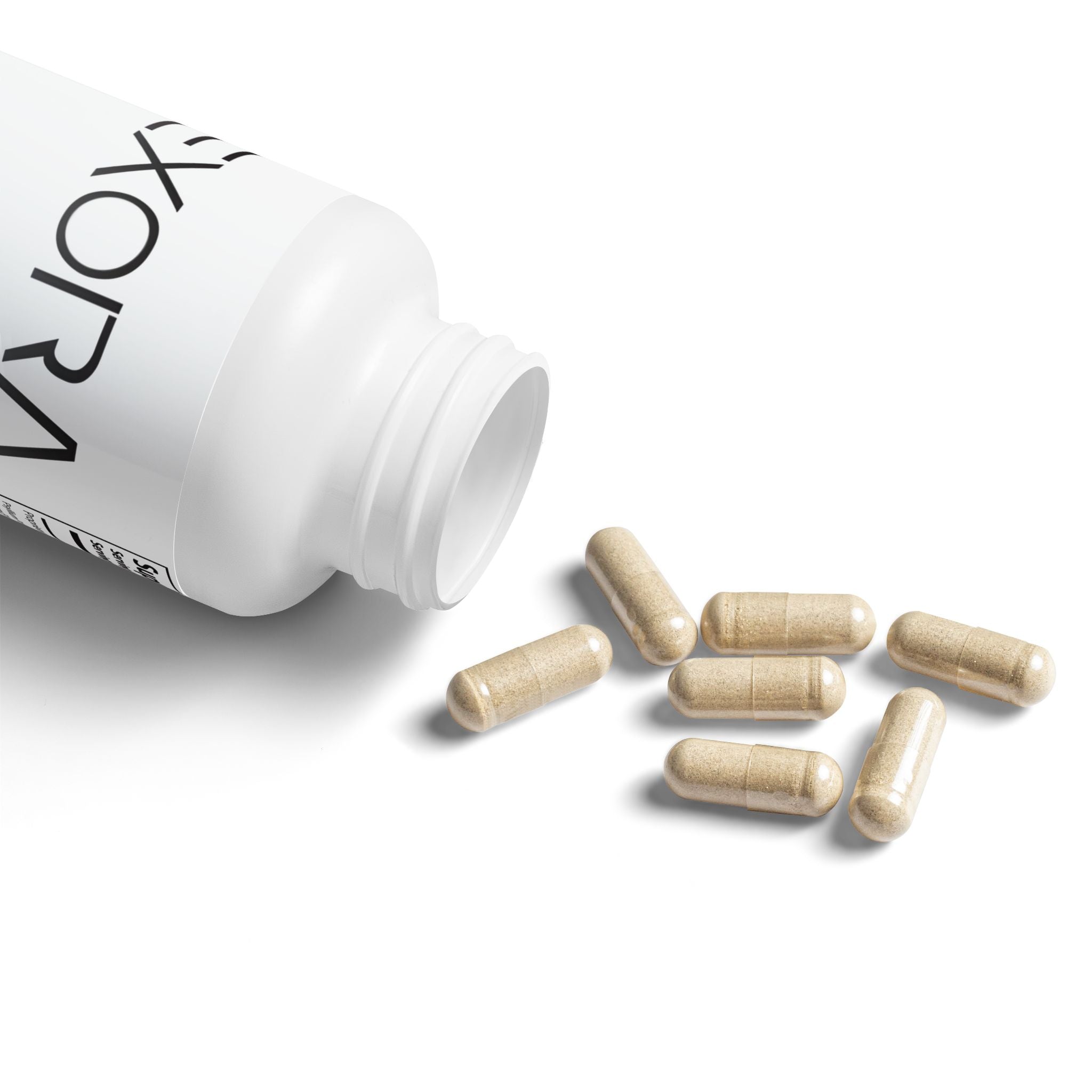 White bottle labeled 'EXORA' with beige capsules on a white background