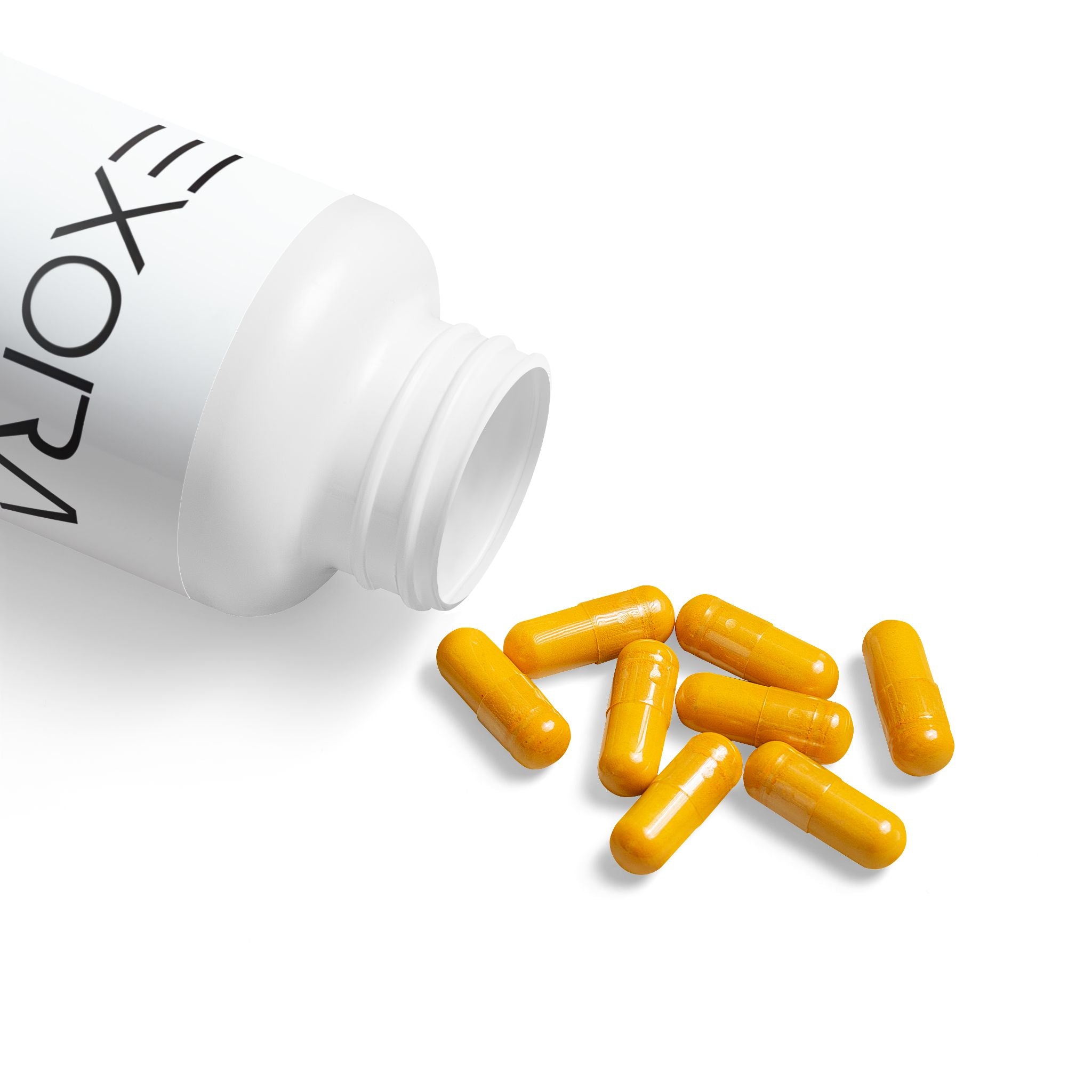 Yellow capsules spilling out of a white bottle labeled 'EXORA' on a white background