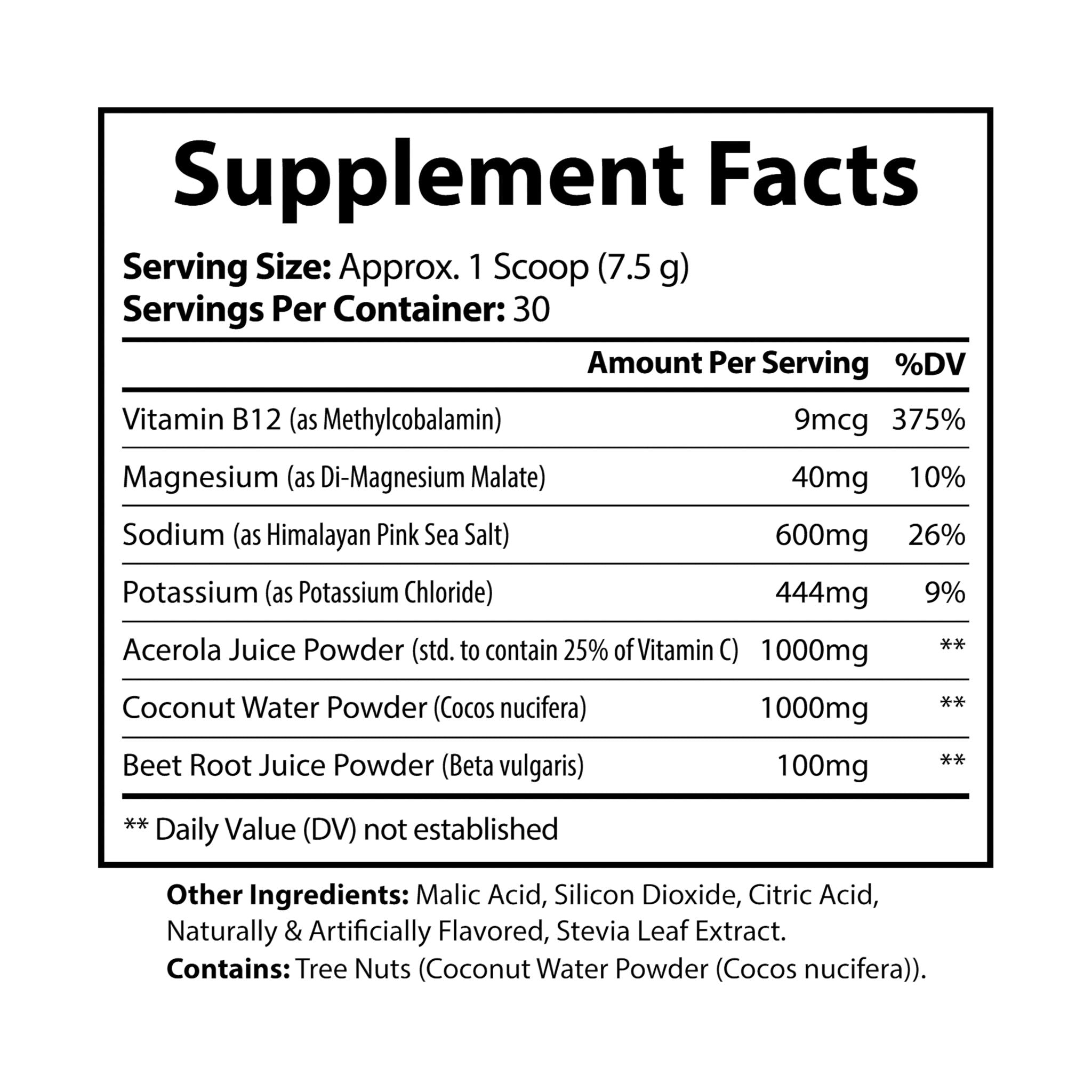 Supplement facts label with various vitamins and minerals listed on a white background