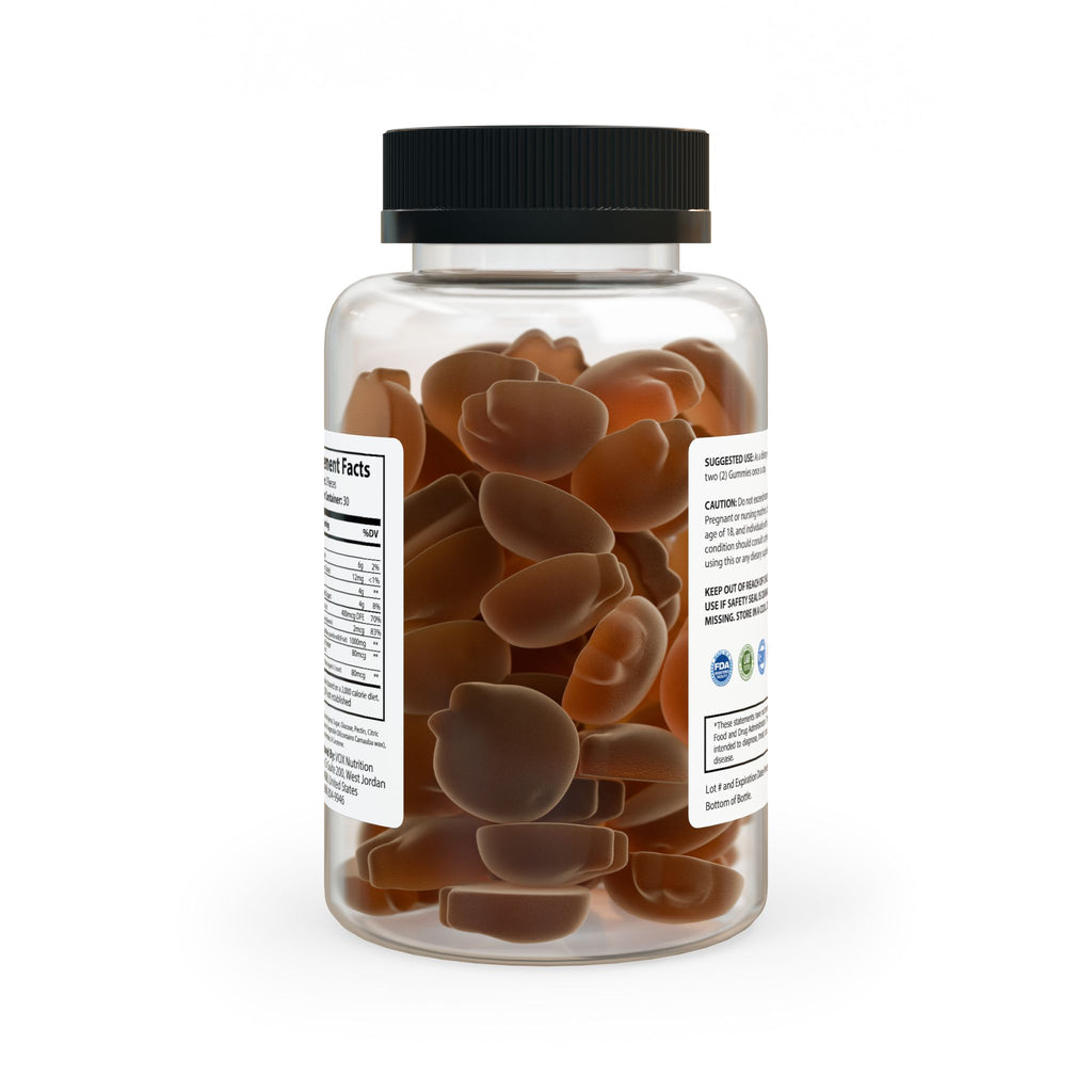 Clear bottle filled with brown gel capsules on a white background