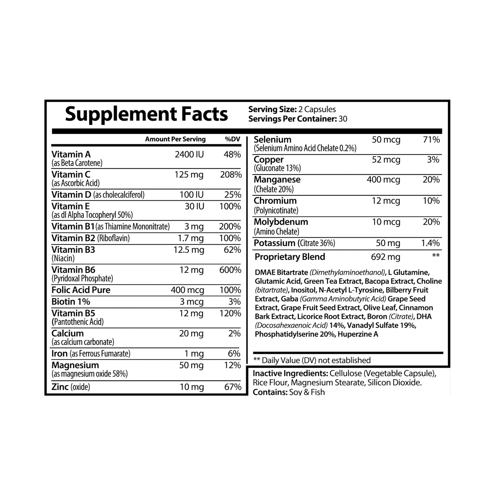 Supplement facts label with detailed nutritional information on a white background