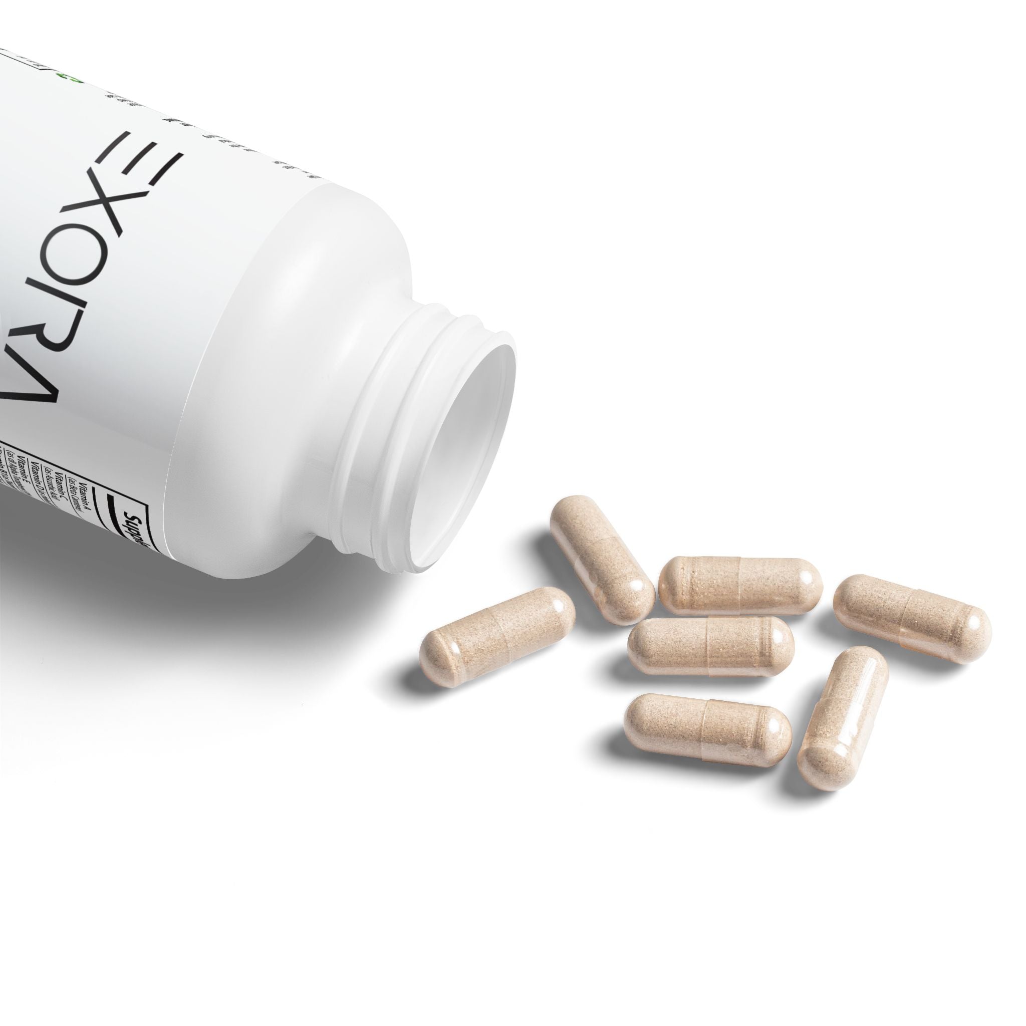 White bottle labeled 'EXORA' with beige capsules on a white background