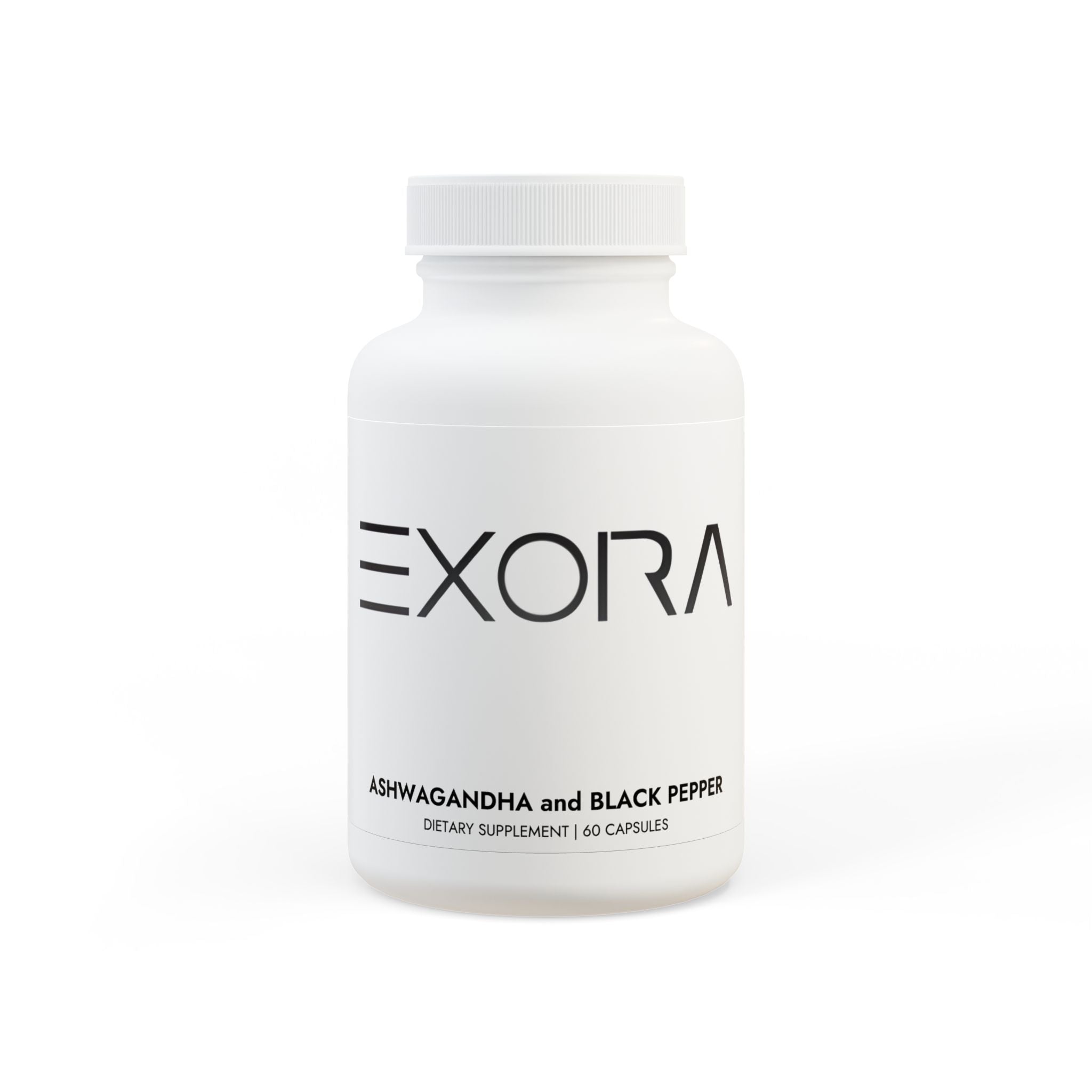 White ashwagandha and black pepper supplement bottle labeled 'EXORA' on a white background