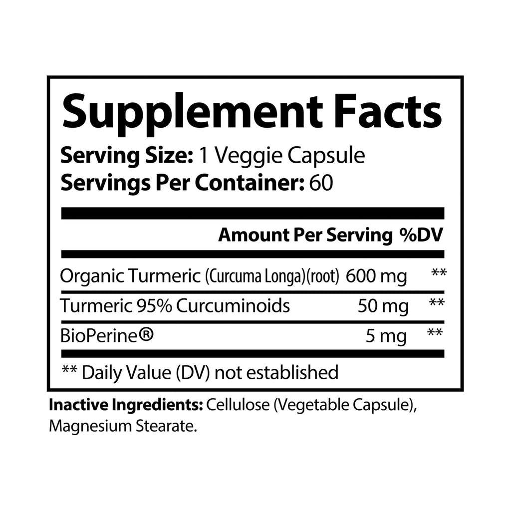 Supplement facts label for a product with organic turmeric and BioPerine on a white background