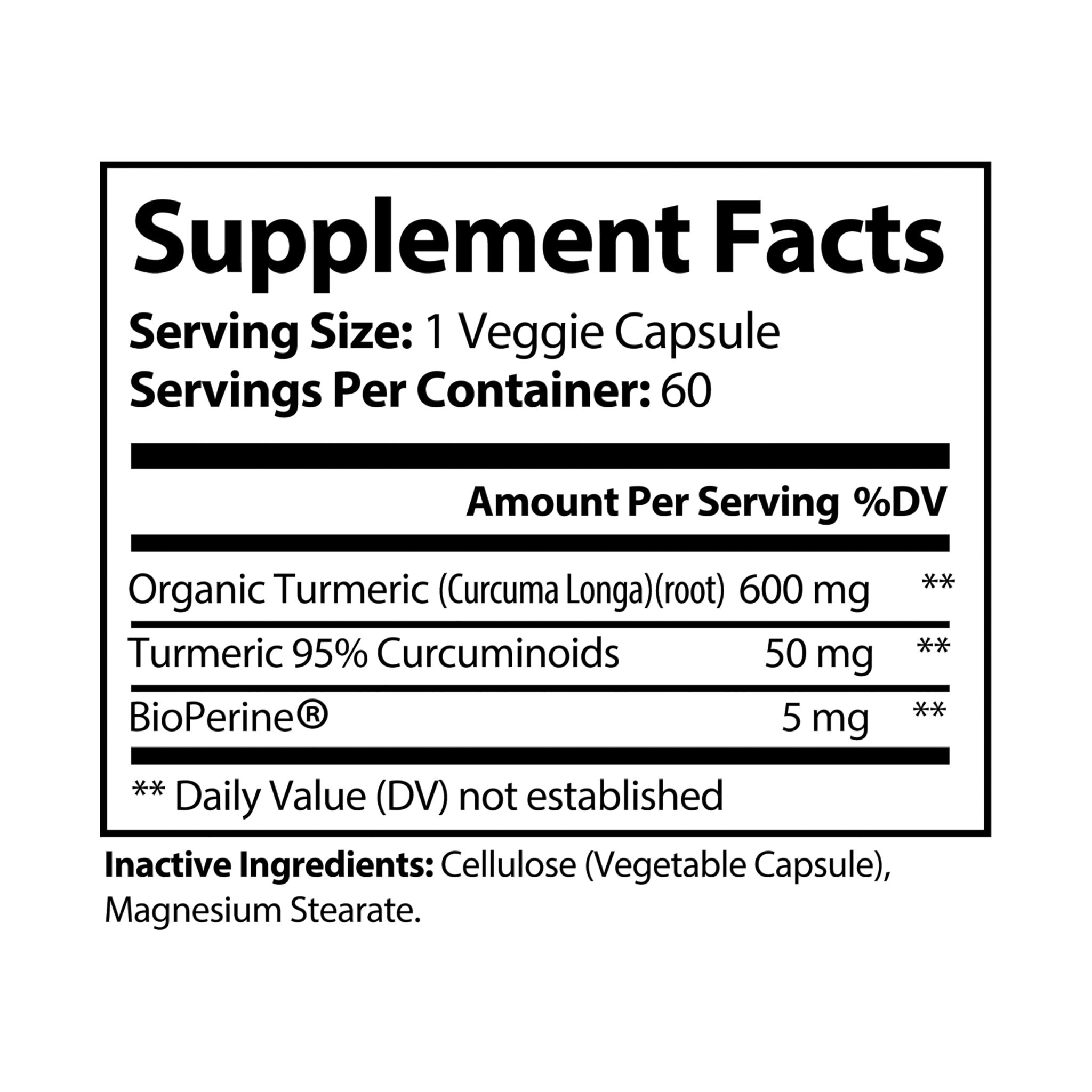 Supplement facts label for a product with organic turmeric and BioPerine on a white background