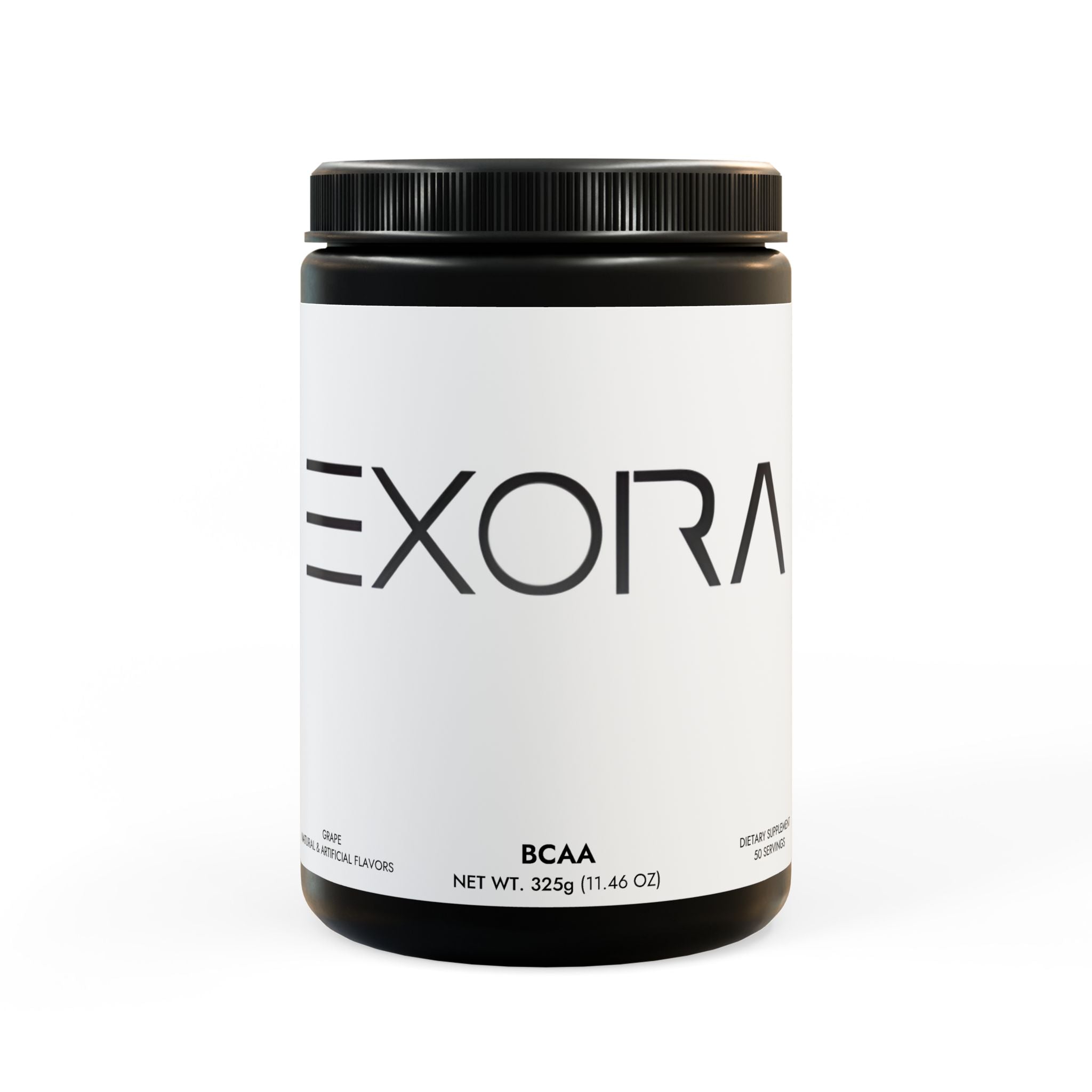 Container of 'EXORA' BCAA supplement on a white background
