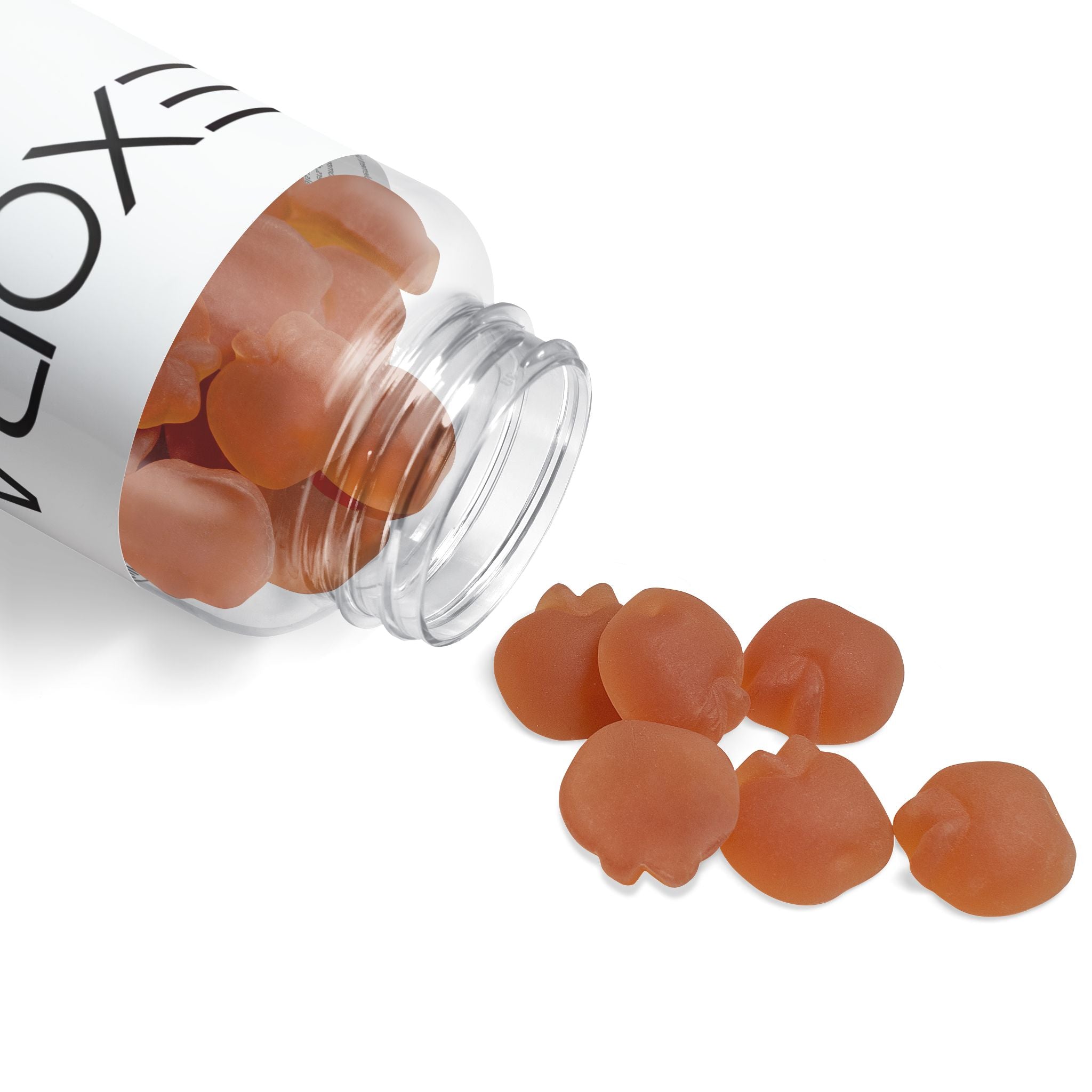 Clear jar with brown gel pads on a white background