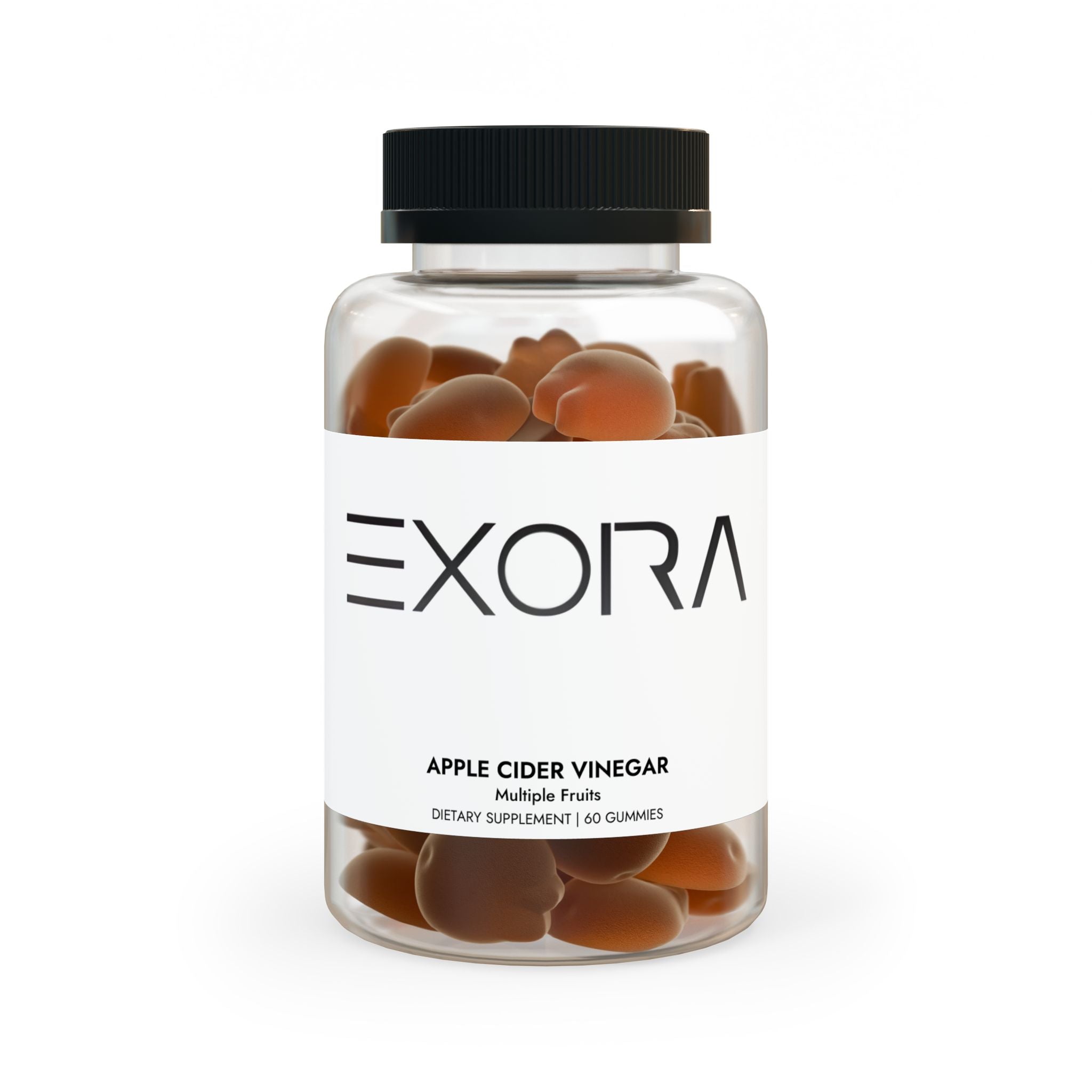 Jar of 'EXORA' apple cider vinegar gummies on a white background